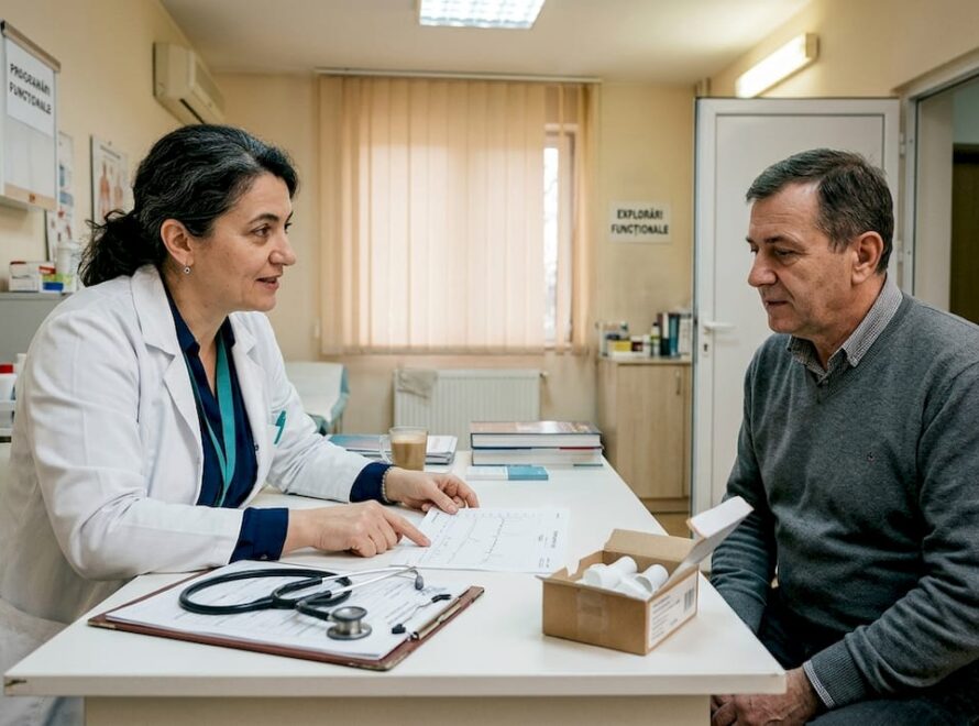 Medicul îi explică pacientului, la birou, cum se desfășoară testul pentru evaluarea plămânilor.