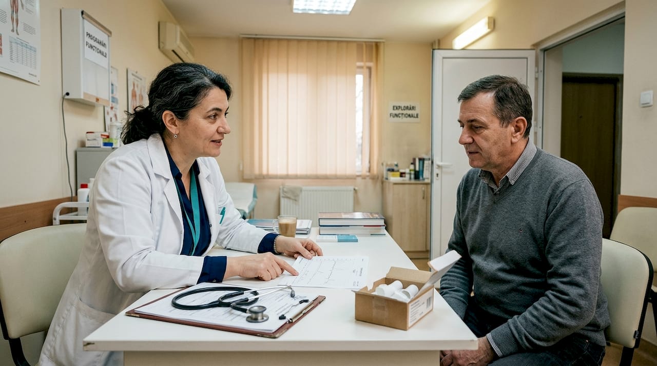 Medicul îi explică pacientului, la birou, cum se desfășoară testul pentru evaluarea plămânilor.