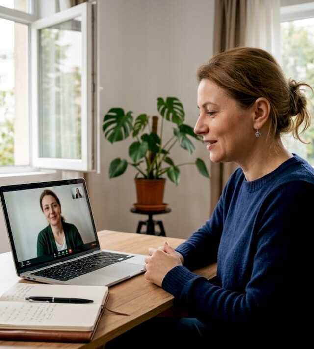 Ședință online între psiholog și pacientă, desfășurată în confortul propriei locuințe