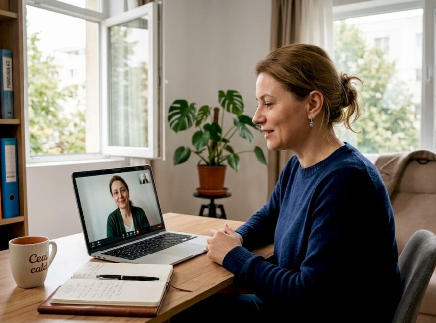 Ședință online între psiholog și pacientă, desfășurată în confortul propriei locuințe
