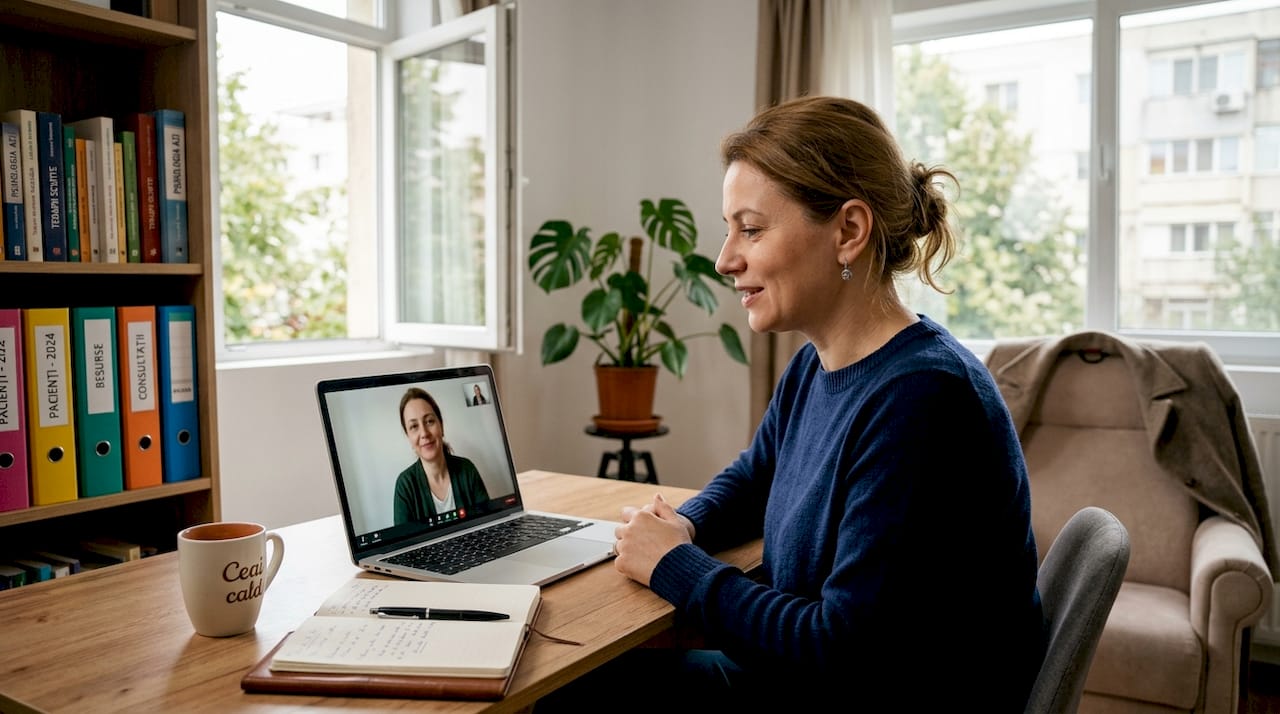 Ședință online între psiholog și pacientă, desfășurată în confortul propriei locuințe