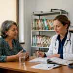 Consultație urologică între o pacientă și o doctoriță, în cabinetul unei clinici.