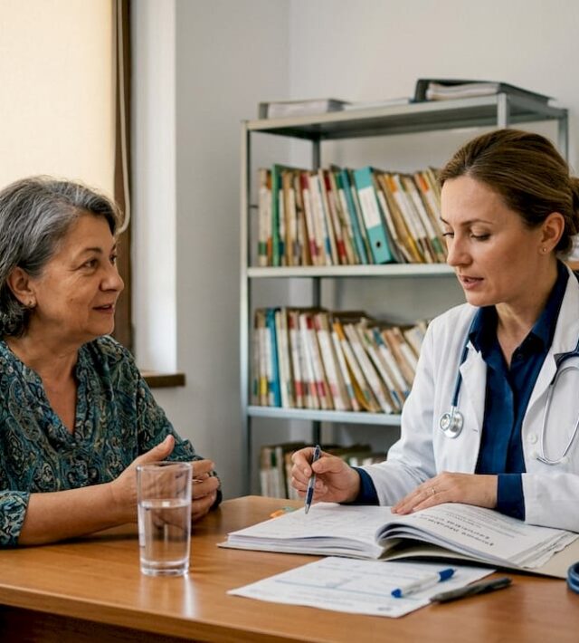 Consultație urologică între o pacientă și o doctoriță, în cabinetul unei clinici.