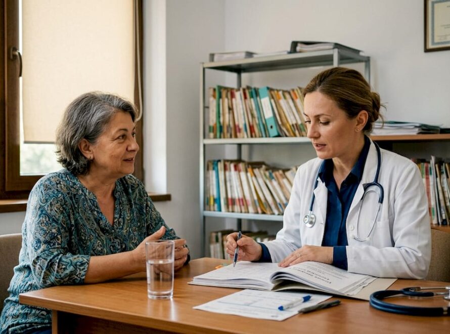 Consultație urologică între o pacientă și o doctoriță, în cabinetul unei clinici.