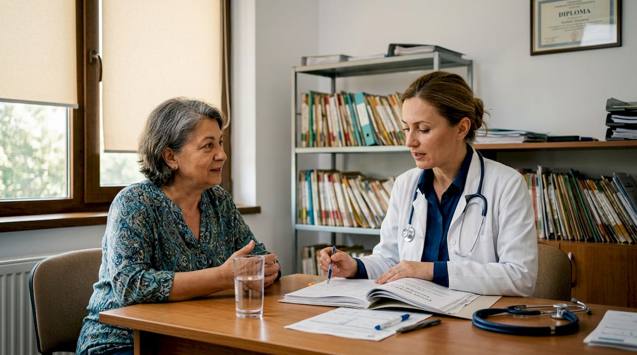 Consultație urologică între o pacientă și o doctoriță, în cabinetul unei clinici.