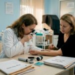 Medicul dermatolog analizează pielea pacientului cu ajutorul unui dermatoscop, pentru a depista eventuale probleme dermatologice.