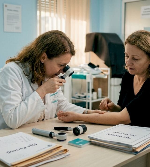 Medicul dermatolog analizează pielea pacientului cu ajutorul unui dermatoscop, pentru a depista eventuale probleme dermatologice.