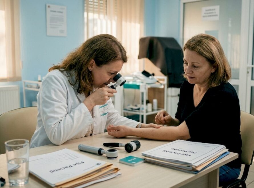Medicul dermatolog analizează pielea pacientului cu ajutorul unui dermatoscop, pentru a depista eventuale probleme dermatologice.