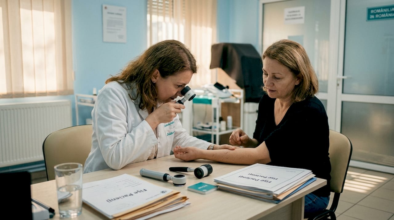 Medicul dermatolog analizează pielea pacientului cu ajutorul unui dermatoscop, pentru a depista eventuale probleme dermatologice.