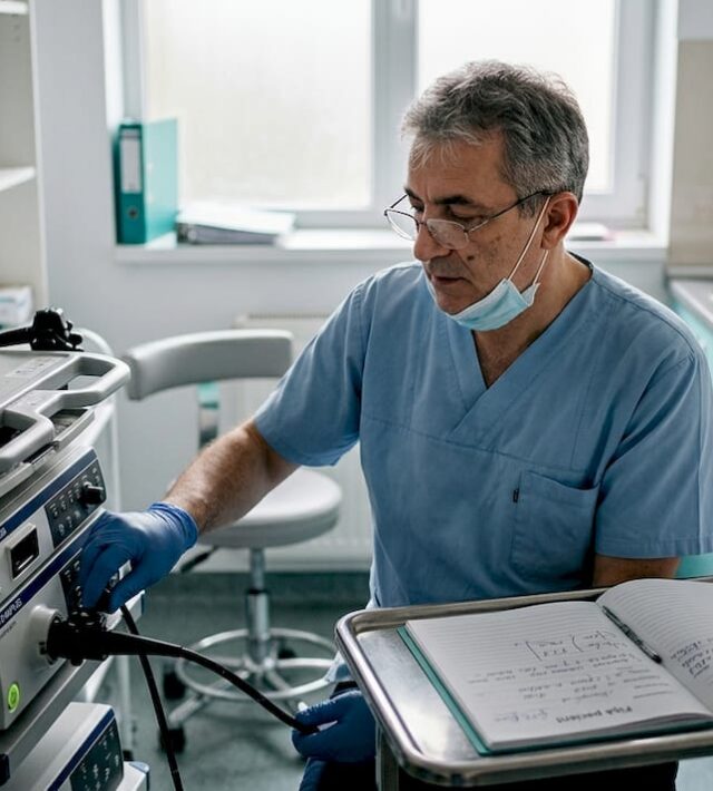 Un medic reglează aparatul de endoscopie înaintea unei investigații, în cabinetul clinicii.