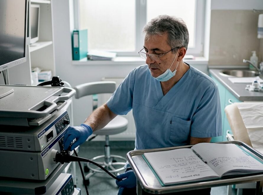 Un medic reglează aparatul de endoscopie înaintea unei investigații, în cabinetul clinicii.