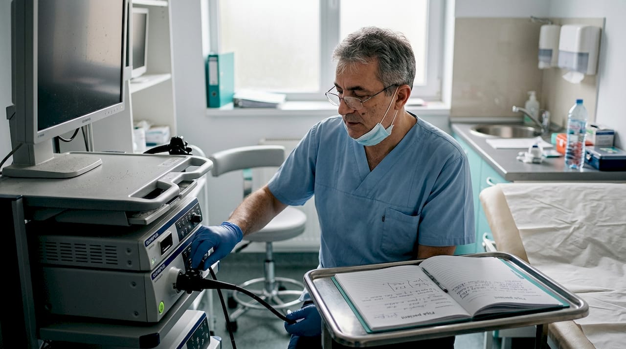Un medic reglează aparatul de endoscopie înaintea unei investigații, în cabinetul clinicii.