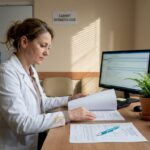 Dermatologul analizează fișa medicală a unui pacient în cabinet.