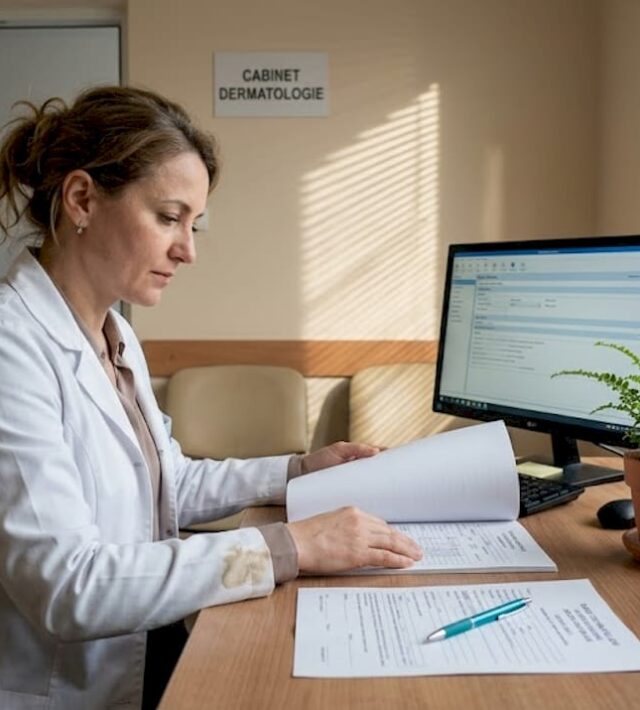 Dermatologul analizează fișa medicală a unui pacient în cabinet.