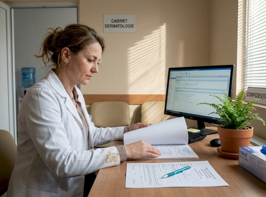 Dermatologul analizează fișa medicală a unui pacient în cabinet.