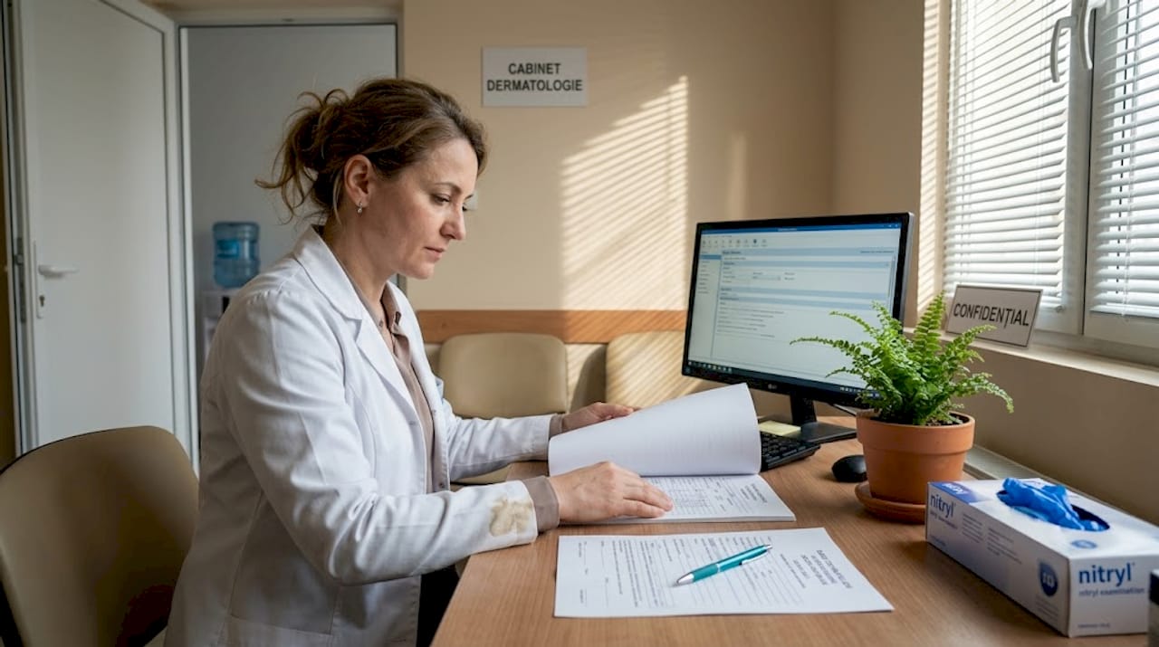 Dermatologul analizează fișa medicală a unui pacient în cabinet.