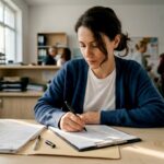 O pacientă își completează fișa medicală în cabinetul doctorului.