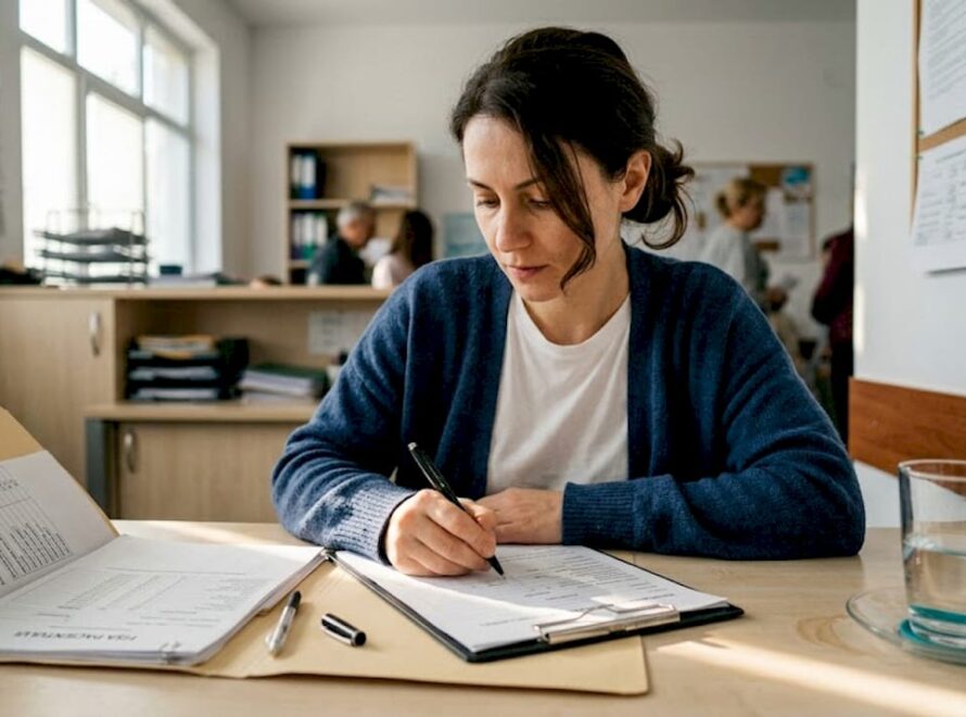 O pacientă își completează fișa medicală în cabinetul doctorului.