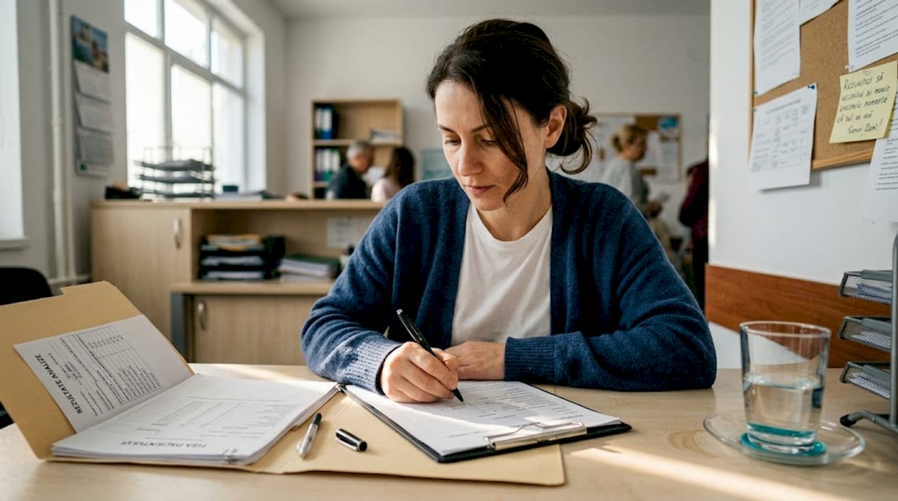 O pacientă își completează fișa medicală în cabinetul doctorului.