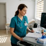 Medicul ginecolog analizează imagini medicale într-un cabinet luminos.