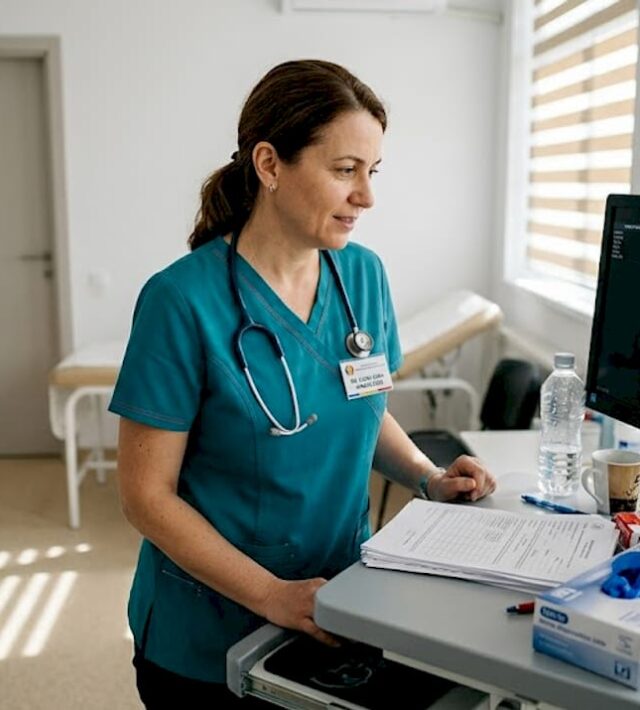 Medicul ginecolog analizează imagini medicale într-un cabinet luminos.