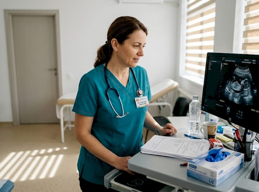 Medicul ginecolog analizează imagini medicale într-un cabinet luminos.