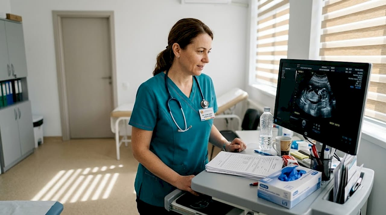 Medicul ginecolog analizează imagini medicale într-un cabinet luminos.
