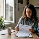 O femeie stă la masa din bucătărie și verifică atent o listă cu recomandări medicale.