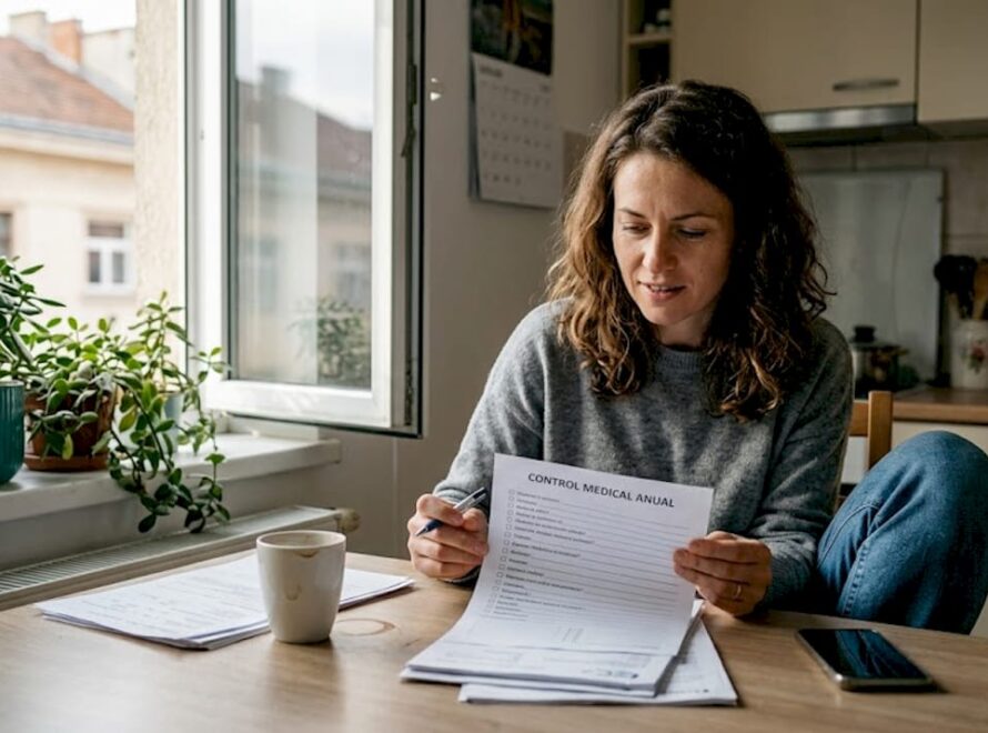 O femeie stă la masa din bucătărie și verifică atent o listă cu recomandări medicale.