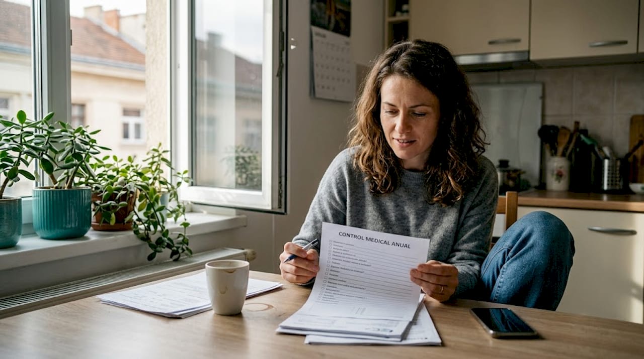 O femeie stă la masa din bucătărie și verifică atent o listă cu recomandări medicale.