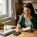 O femeie își notează gândurile la masa din bucătărie, în timp ce razele soarelui inundă încăperea cu lumină caldă.