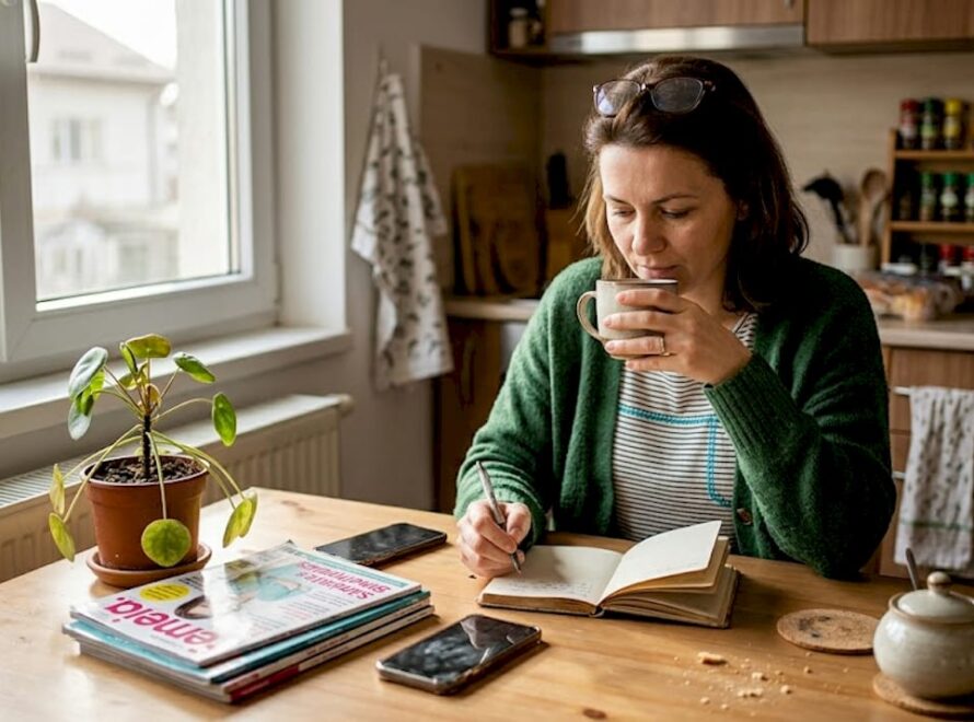 O femeie își notează gândurile la masa din bucătărie, în timp ce razele soarelui inundă încăperea cu lumină caldă.