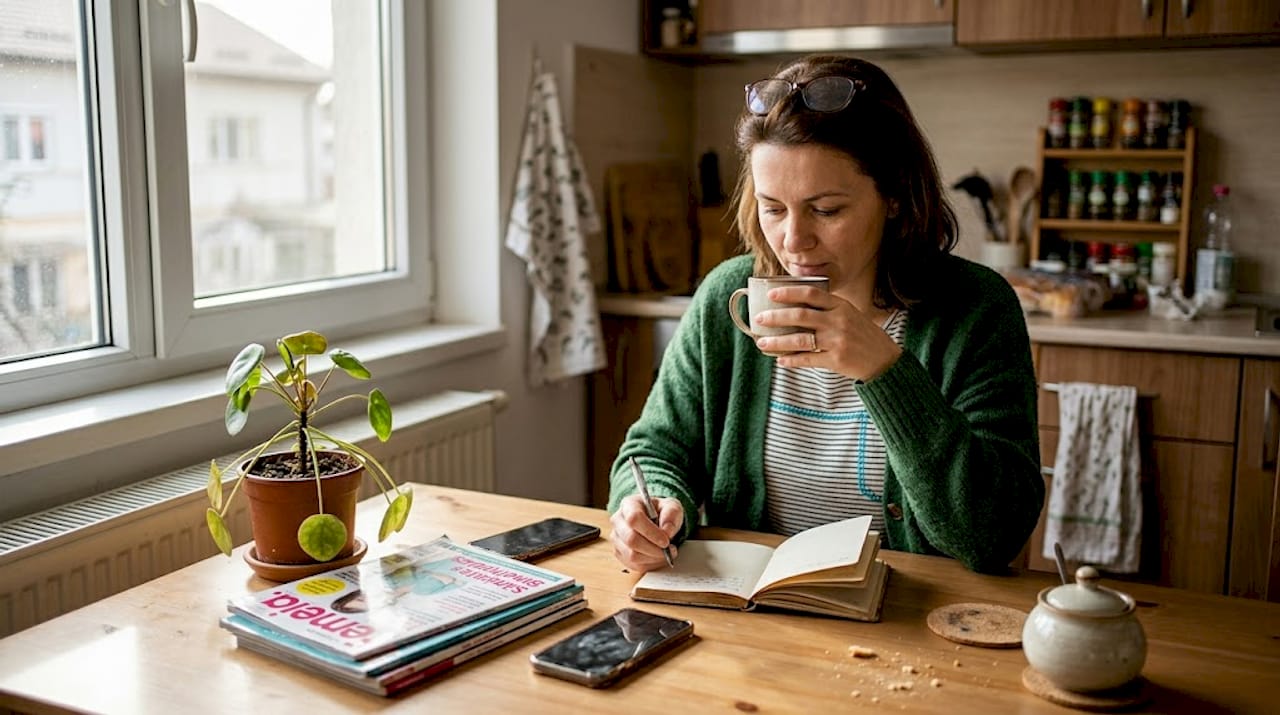 O femeie își notează gândurile la masa din bucătărie, în timp ce razele soarelui inundă încăperea cu lumină caldă.