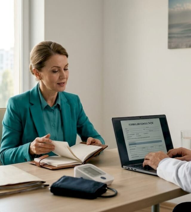 O pacientă stă de vorbă cu medicul cardiolog în timpul consultației, discutând despre sănătatea inimii.