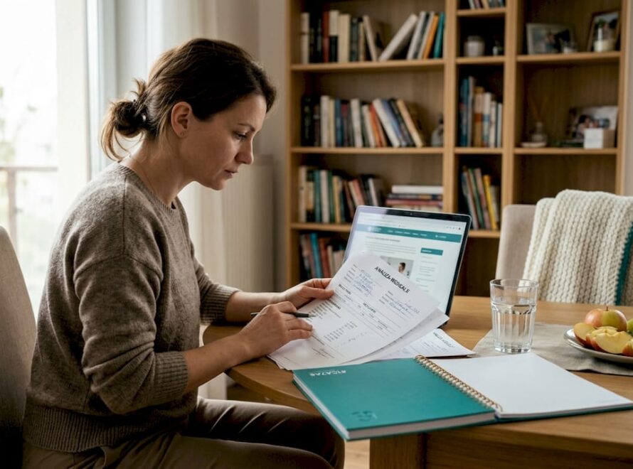 O femeie își verifică rezultatele analizelor de sânge din confortul propriei case.