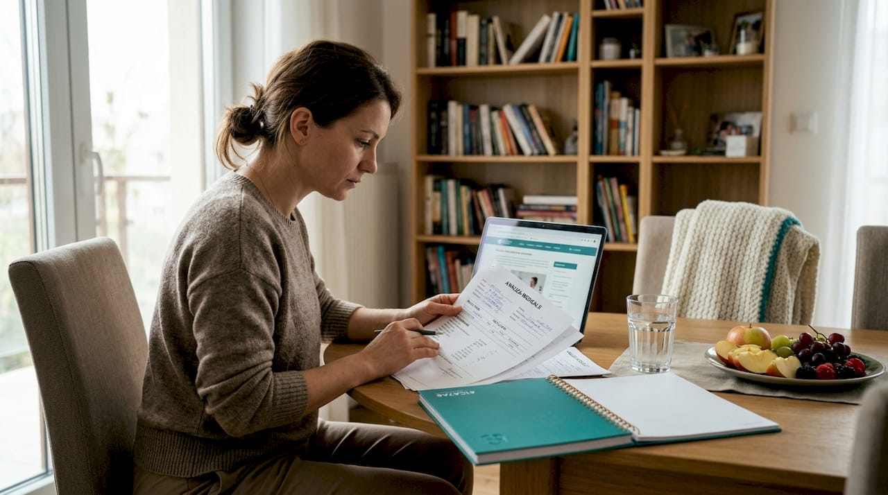 O femeie își verifică rezultatele analizelor de sânge din confortul propriei case.