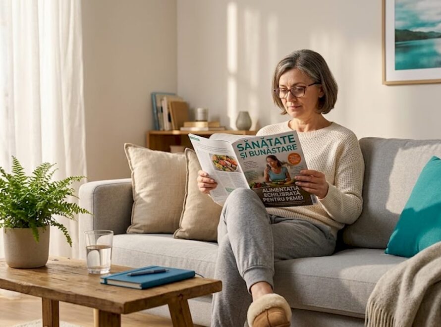 O femeie la vârsta a doua, relaxată, citește o carte într-un living primitor și călduros.