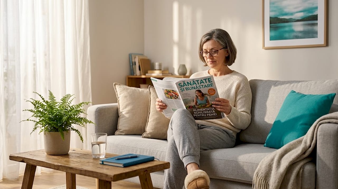 O femeie la vârsta a doua, relaxată, citește o carte într-un living primitor și călduros.