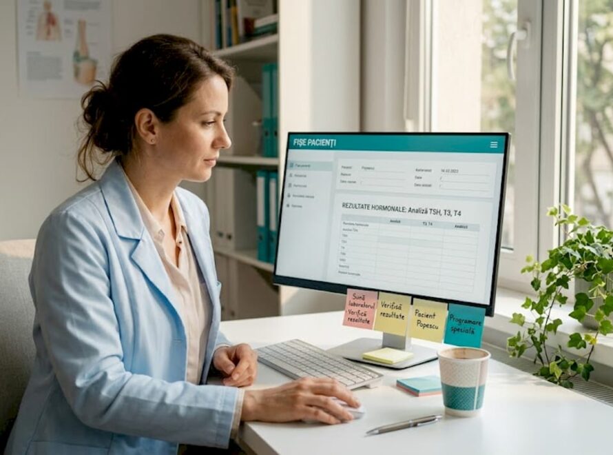 Medicul endocrinolog analizează fișele cu valorile hormonale ale pacientului