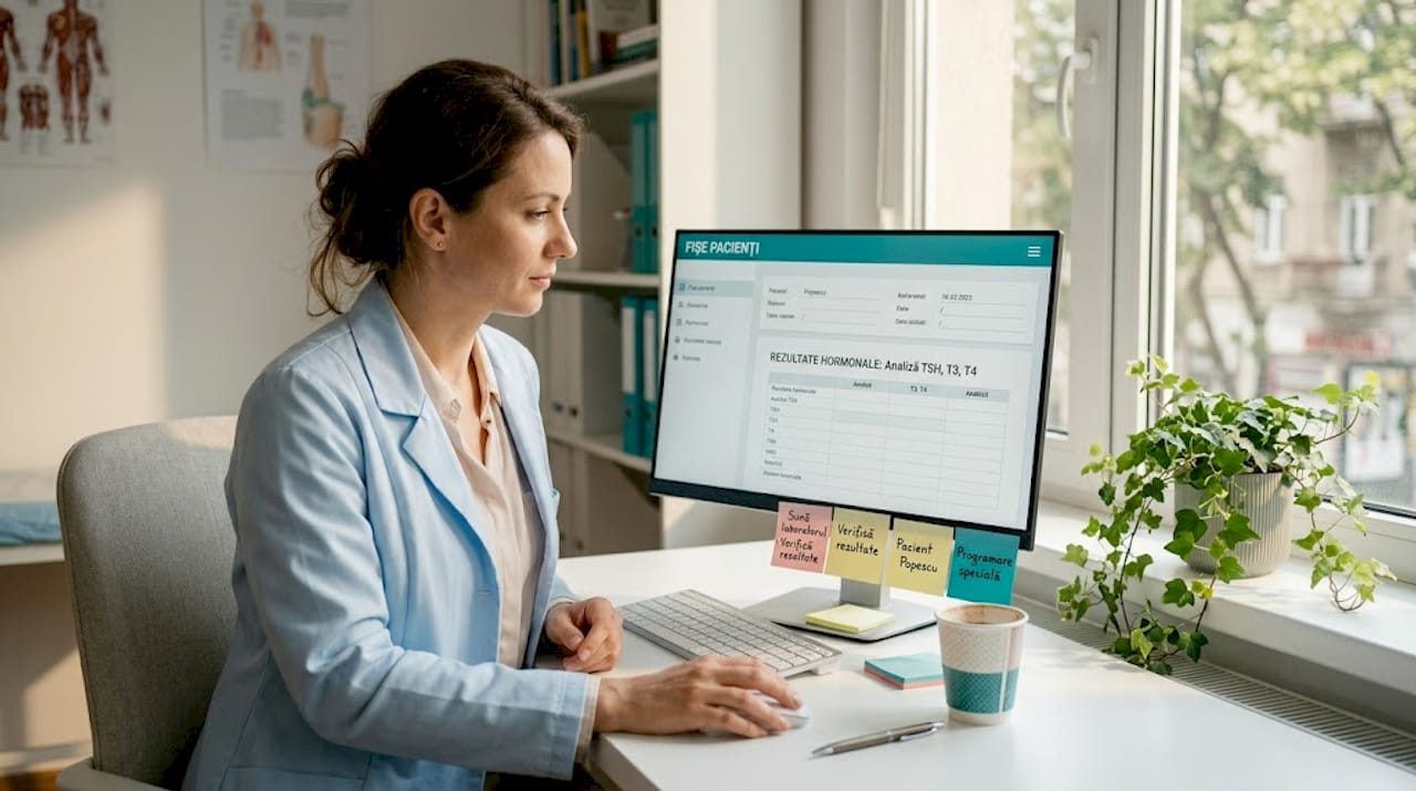 Medicul endocrinolog analizează fișele cu valorile hormonale ale pacientului