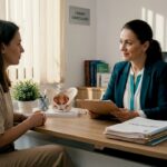 Medic ginecolog discută cu o pacientă în cabinetul său