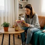 O femeie răsfoiește o revistă despre sănătate, relaxată pe canapea, în sufragerie.