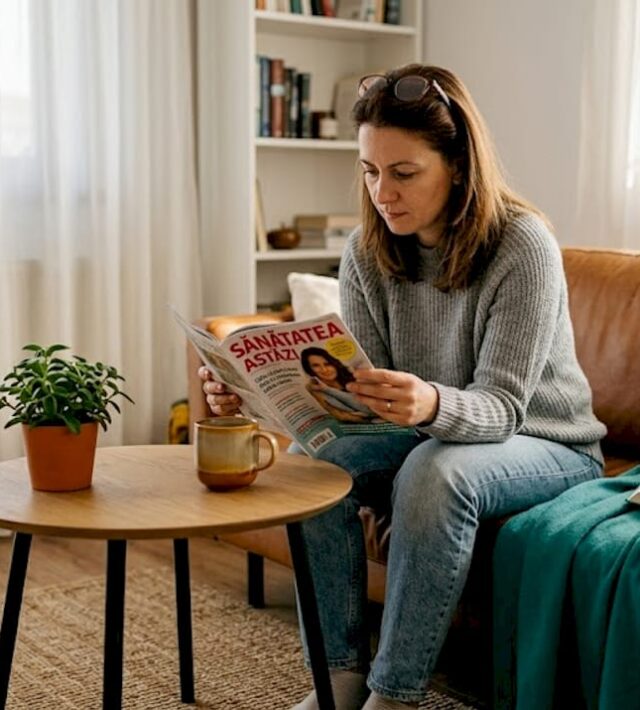 O femeie răsfoiește o revistă despre sănătate, relaxată pe canapea, în sufragerie.
