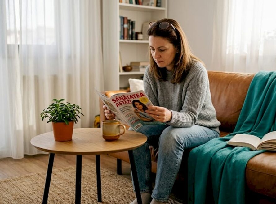 O femeie răsfoiește o revistă despre sănătate, relaxată pe canapea, în sufragerie.