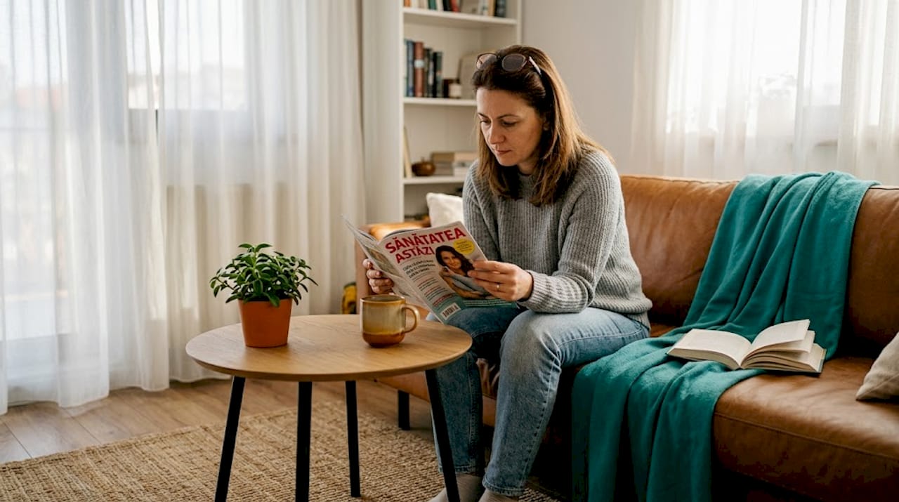 O femeie răsfoiește o revistă despre sănătate, relaxată pe canapea, în sufragerie.