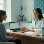 O femeie stă de vorbă cu medicul ei despre rezultatele analizelor hormonale și ce implică acestea pentru sănătatea ei.