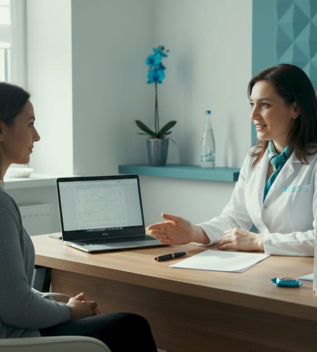 O femeie stă de vorbă cu medicul ei despre rezultatele analizelor hormonale și ce implică acestea pentru sănătatea ei.