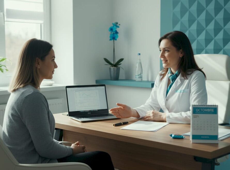 O femeie stă de vorbă cu medicul ei despre rezultatele analizelor hormonale și ce implică acestea pentru sănătatea ei.