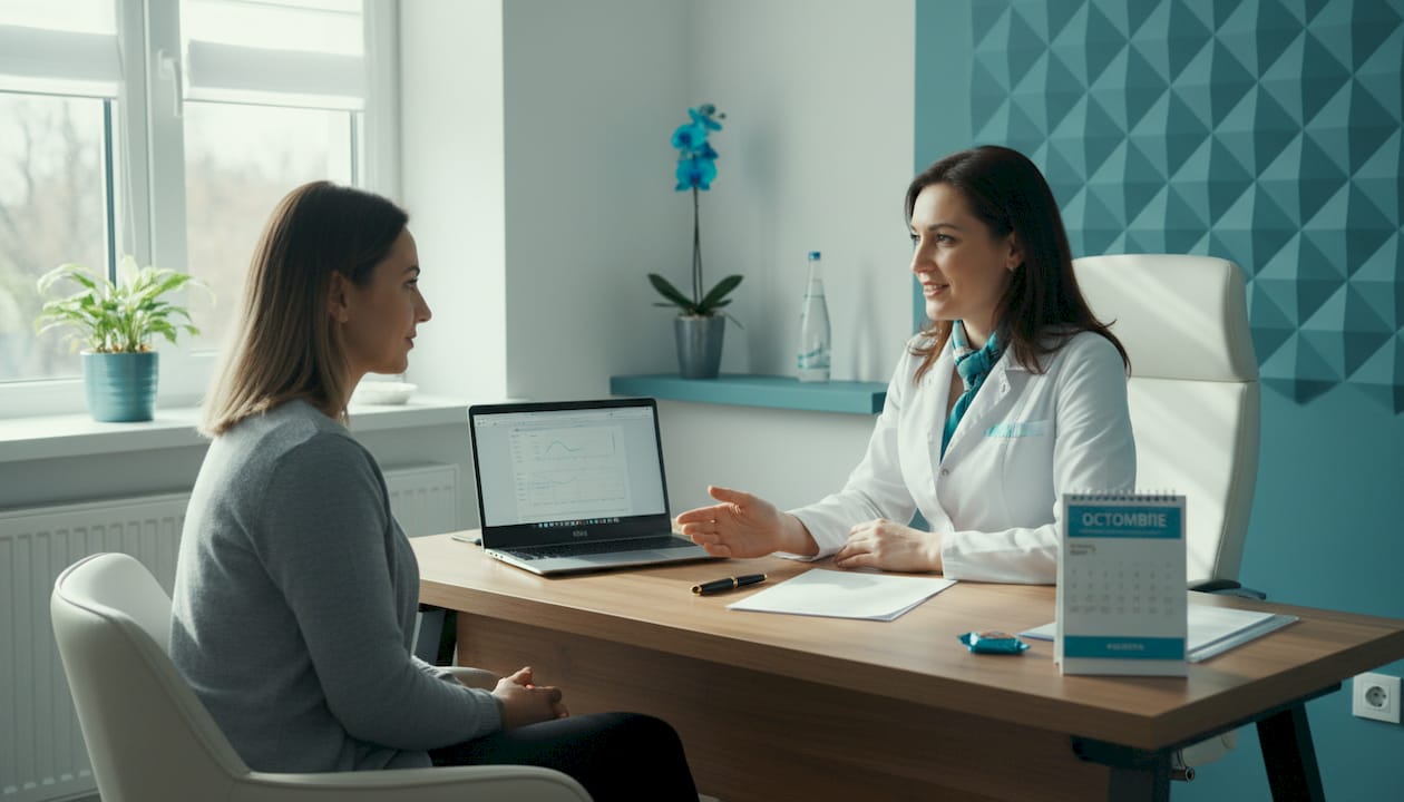 O femeie stă de vorbă cu medicul ei despre rezultatele analizelor hormonale și ce implică acestea pentru sănătatea ei.