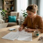 O femeie consultă rezultatele analizelor medicale așezată la o masă bine luminată.